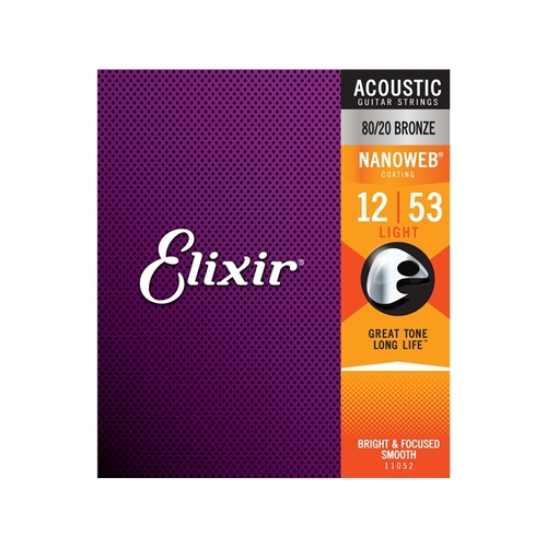 Elixir #11052 Acoustic Nanoweb Guitar String 80/20 Bronze 12-53 Light