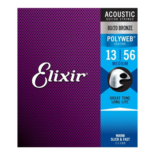 Elixir #11100 Acoustic Polyweb Guitar String 80/20 Bronze 13-56 Medium