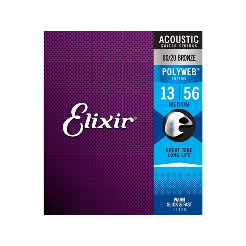 Elixir #11100 Acoustic Polyweb Guitar String 80/20 Bronze 13-56 Medium