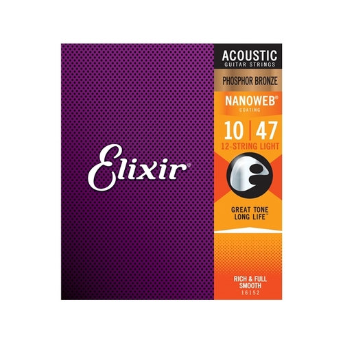 Elixir #16152 Acoustic Nano Phosphor Bronze 12 Guitar String 10-47 Light