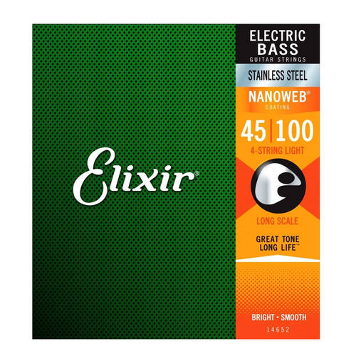 Elixir #14652 Bass Guitar Strings Nanoweb Stainless Steel 45-100 Light