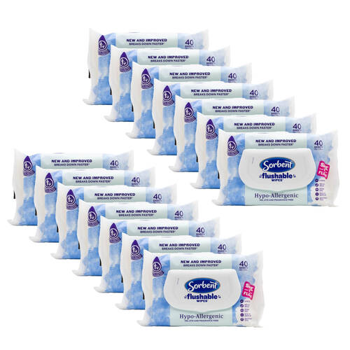 14x 40pc Sorbent Flushable Wipes Hypo Allergenic 19.5x15cm Non-Scented Disposable