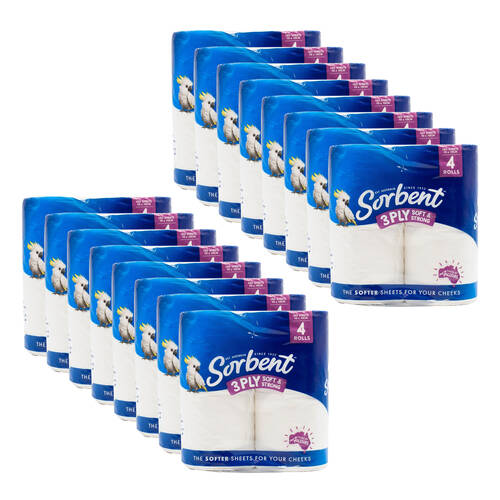 16x 4pc Sorbent Toilet Tissue10x10cm 3-Ply Soft & Strong Multi-Purpose 