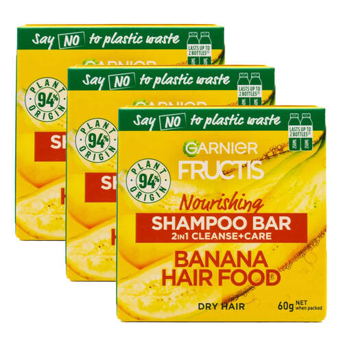 3PK Garnier Fructis 60g Shampoo Bar 2in1 Nourishing Cleanse Care For Dry Hair
