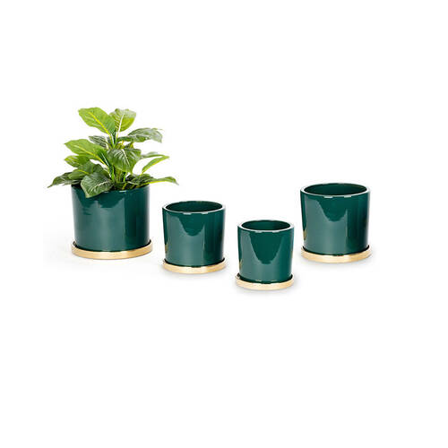 4pc Ceramic Cylindrical Pot w/ Saucer - Green