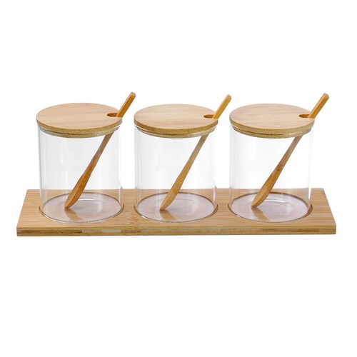 3pc Boxsweden Camden 380ml Glass Spice Jar w/ Bamboo Tray/Spoons