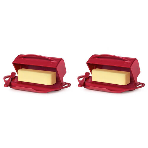 2PK Butterie Flip-Top Plastic Butter Dish w/ Spreader 22.9x14cm - Red