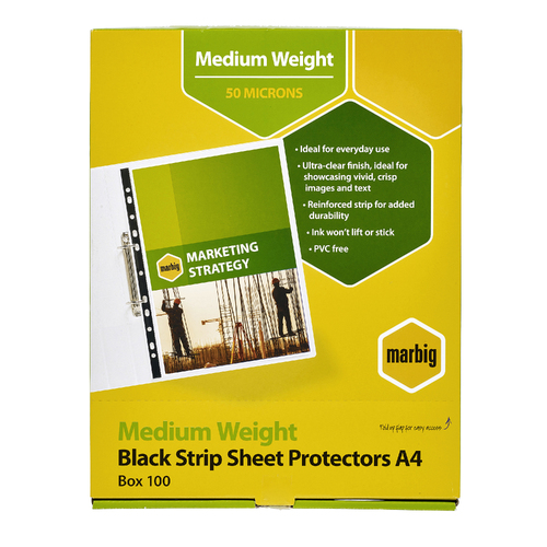 100pc Marbig Medium Weight A4 Ring Binder Sheet Protectors - Black