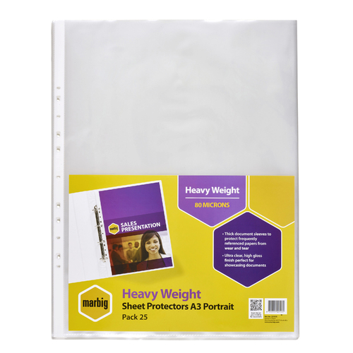 25pc Marbig Heavy Weight A3 Portrait Ring Binder Sleeve Protectors - Clear