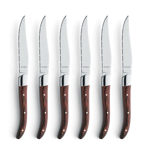 6pc Amefa Royal Stainless Steel Steak Knives w/ Pakka Wood Handle Brown