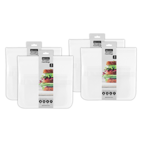 4x 3pc Boxsweden 300ml/900ml/3L Reusable 2D Food Storage Bags - Clear