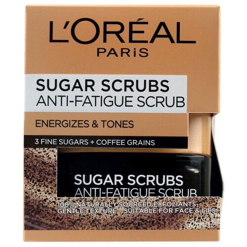 Loreal Paris 50ml Sugar Scrubs Anti-Fatigue Scrub Energizes & Tones 3 Fine Sugars + Coffee Grains