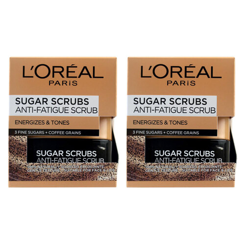 2PK Loreal Paris 50ml Sugar Scrubs Anti-Fatigue Scrub Energizes & Tones 3 Fine Sugars + Coffee Grains