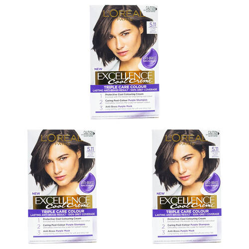 3PK Loreal Excellence Cool Creme Permanent Hair Colour 5.11 Ultra Light Brown