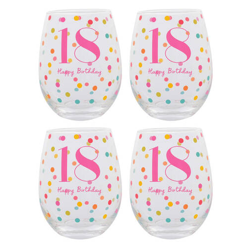 4PK Gibson Gifts 18 Birthday Party Stemless Glass Tumbler - Pink