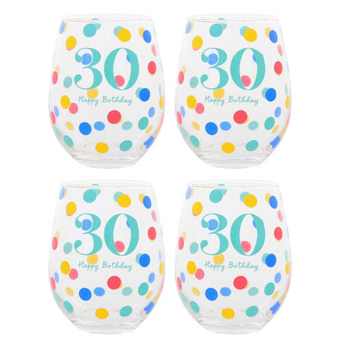 4PK Gibson Gifts 30 Birthday Party Stemless Glass Tumbler