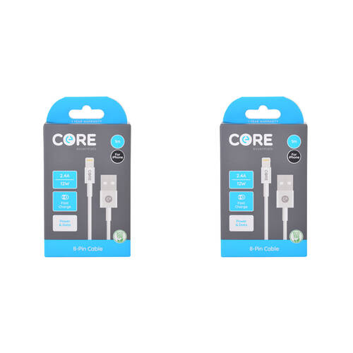 2PK Core 8-Pin to USB-A Cable Charging Cord 1m For Apple iPhone 14/13 - White