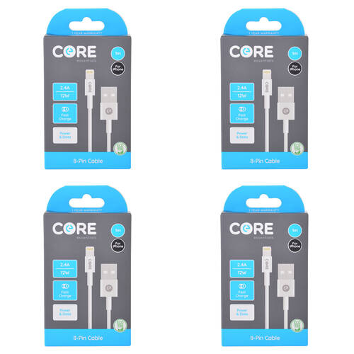 4PK Core 8-Pin to USB-A Cable Charging Cord 1m For Apple iPhone 14/13 - White