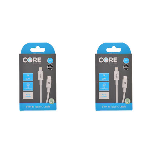 2PK Core 8-Pin to USB-C Cable Charging Cord 1m For Apple iPhone 14/13 - White