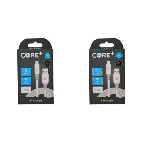 2PK Core+ 8-Pin to USB-A Cable Charging Cord 1m For Apple iPhone 14/13 - White