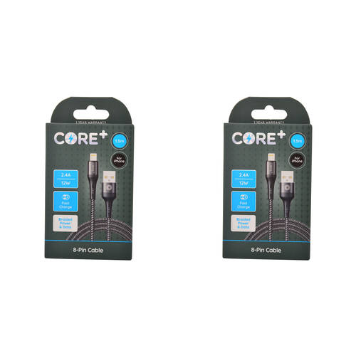 2PK Core+ 8-Pin to USB-A Cable Charging Cord 1.5m For Apple iPhone 14/13 - Grey