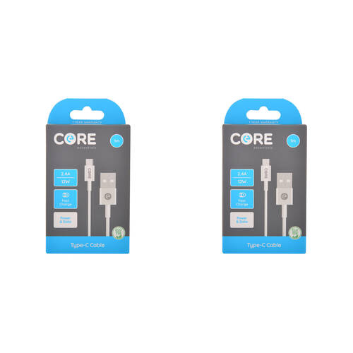 2PK Core USB-A to USB-C Cable Charging Cord 1m For Samsung Galaxy iPhone - White