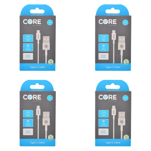 4PK Core USB-A to USB-C Cable Charging Cord 1m For Samsung Galaxy iPhone - White