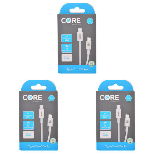 3PK Core USB-C to Type-C Cable Charging Cord 1m For Samsung iPhone - White
