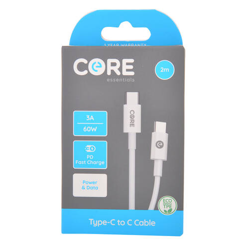 Core USB-C to Type-C Cable Charging Cord 2m For Samsung iPhone - White