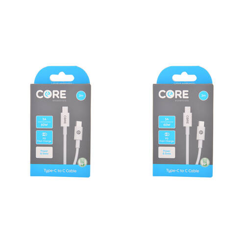2PK Core USB-C to Type-C Cable Charging Cord 2m For Samsung iPhone - White