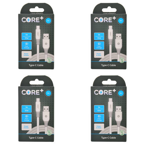 4PK Core+ USB-C to USB-A Cable Charging Cord 1m For Samsung Galaxy iPhone White