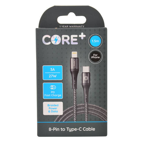 Core+ 8-Pin to USB C Cable Charging Cord 1.5m For Apple iPhone 14/13 Black