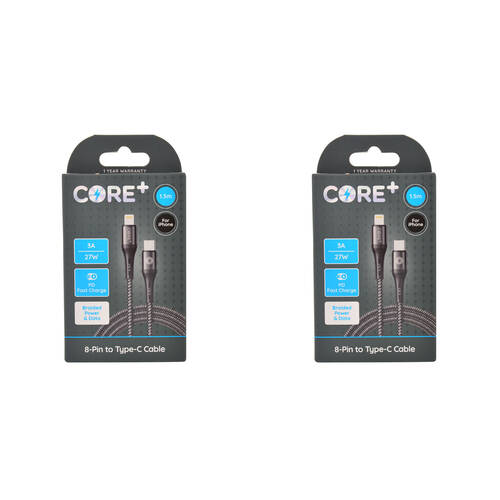 2PK Core+ 8-Pin to USB C Cable Charging Cord 1.5m For Apple iPhone 14/13 Black