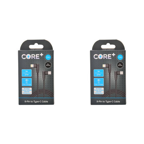 2PK Core+ 90D 8-Pin to USB-C Cable Charging Cord 1.5m For iPhone 14/13 - Black