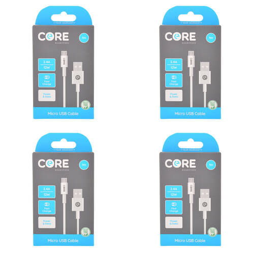 4PK Core Essentials USB-A to Micro USB Cable Charging Cord 1m - White
