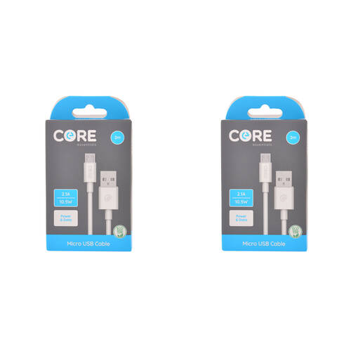 2PK Core Essentials USB-A to Micro USB Cable Charging Cord 2m - White