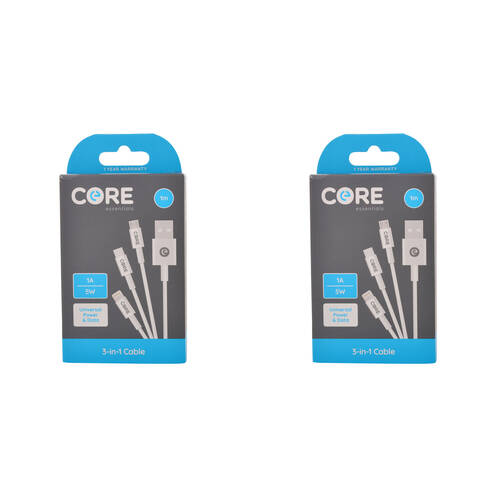 2PK Core 3in1 Micro USB-C to 8-Pin Cable Charging Cord 1m For iPhone/Samsung WHT