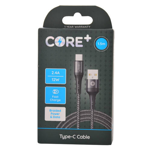 Core USB-A to USB-C Cable Charging Cord 1.5m For iPhone 15/MacBook - Grey