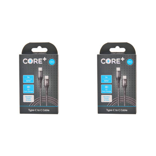 2PK Core+ USB-C to Type C Braided Charging Cable 1.5m For Samsung iPhone - Grey