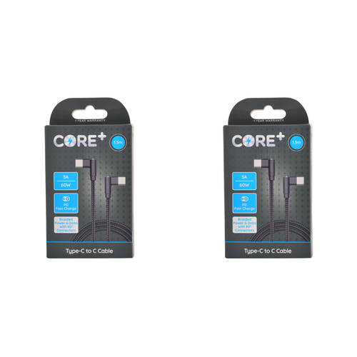 2PK Core 90-Degrees Type-C Charging Cable Data Cord 60W/1.5m - Black