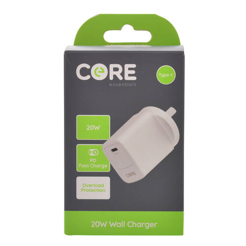 Core USB-C Port Phone Wall Charger Adapter 20W - White