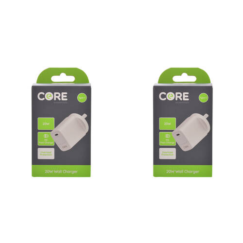 2PK Core USB-C Port Phone Wall Charger Adapter 20W - White