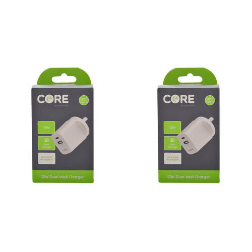 2PK Core Type-C/USB-A Dual Port Wall Charger Adapter 12W - White