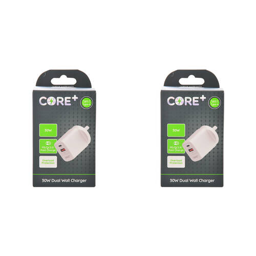 2PK Core Type-C/USB-A Dual Port Wall Charger 30W - White