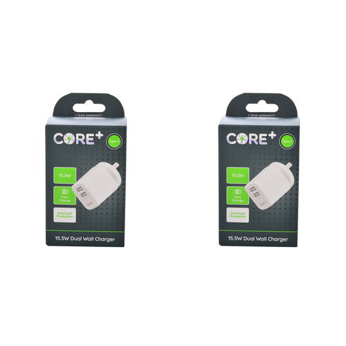 2PK Core Type-A Dual Port Wall Charger Adapter 15.5W - White