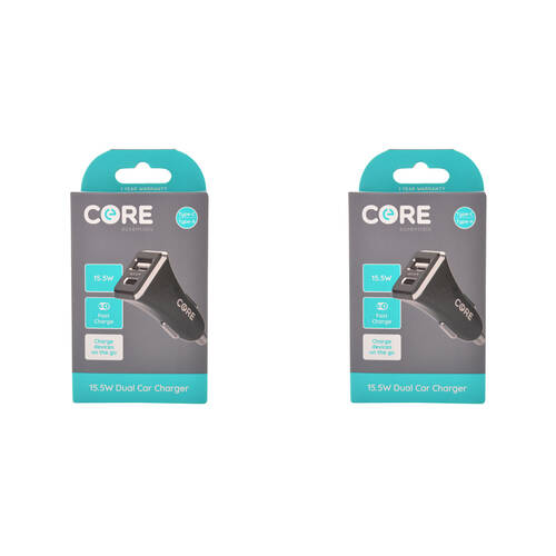 2PK Core Essentials Type-C/USB-A Dual Port Car Charger 15.5W - Black