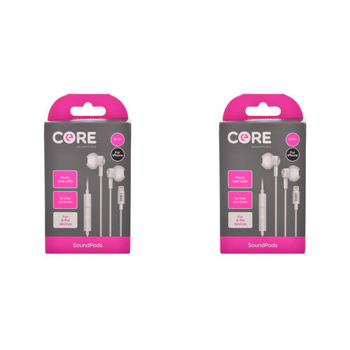 2PK Core Essentials 8-Pin SoundPods/Earphones In-Ear Wired w/ Mic - White
