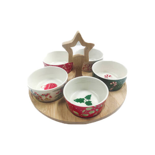 Gibson Gifts Christmas Themed Serving Board w/ Ceramic 5 Round Bowl Set