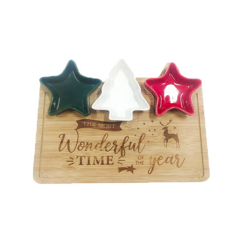 Gibson Gifts Christmas Themed Bamboo Platter Board w/ 3 Bowl Set