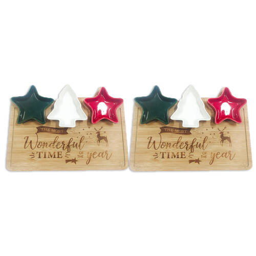 2PK Gibson Gifts Christmas Themed Bamboo Platter Board w/ 3 Bowl Set